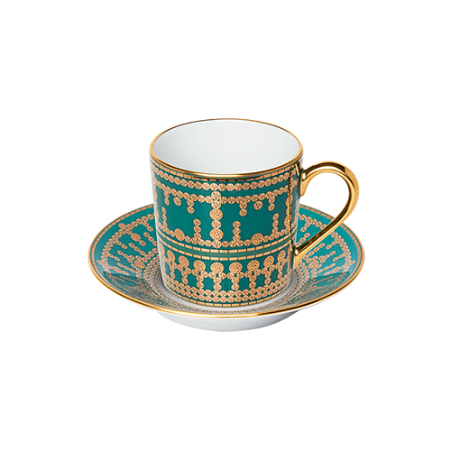 Set of 2 Coffee Cups and Saucers Tiara peacock blue gold