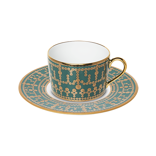 Set of 2 Teacups and Saucers Tiara peacock blue gold