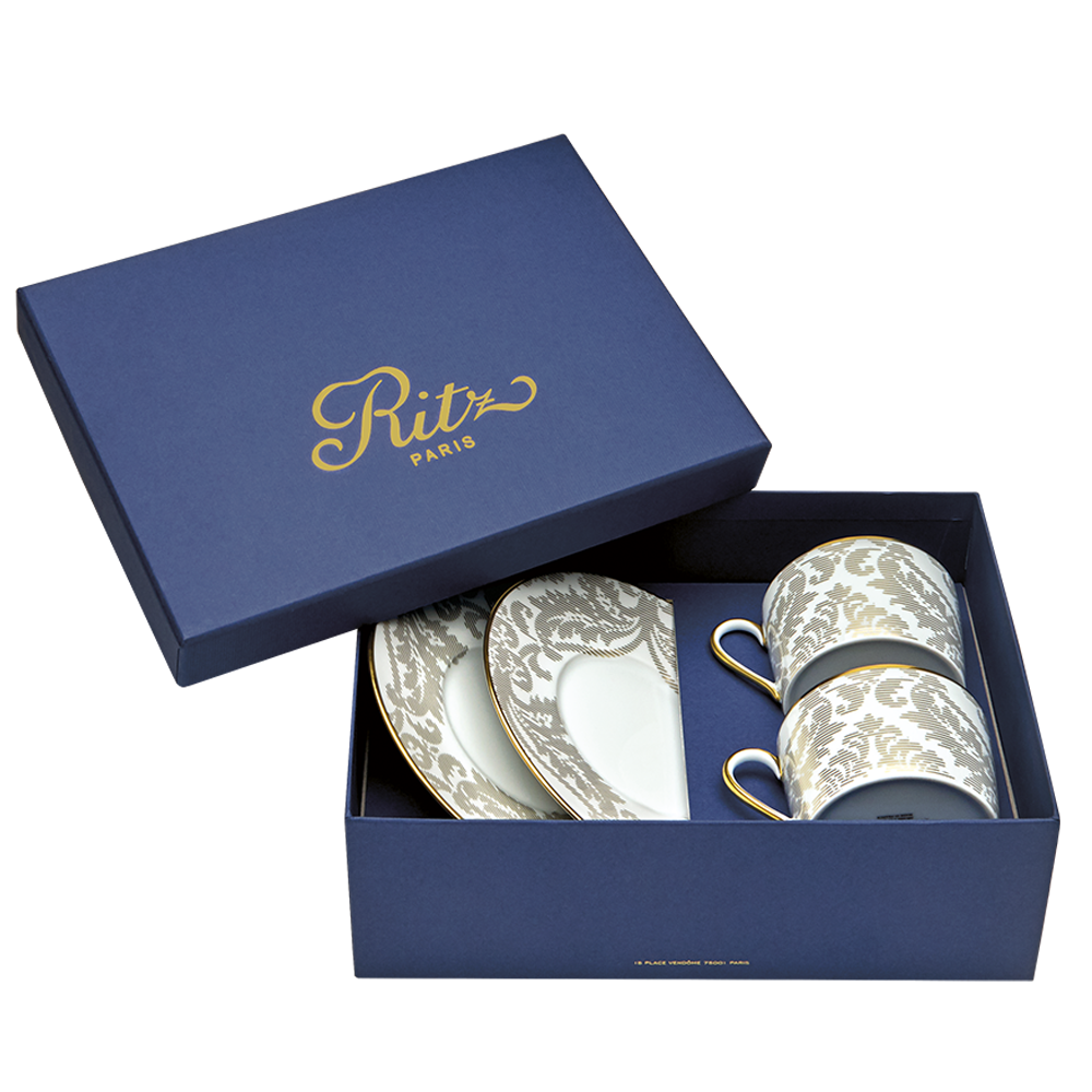 Set of 2 Teacups and Saucers Damassé white - Ritz Paris